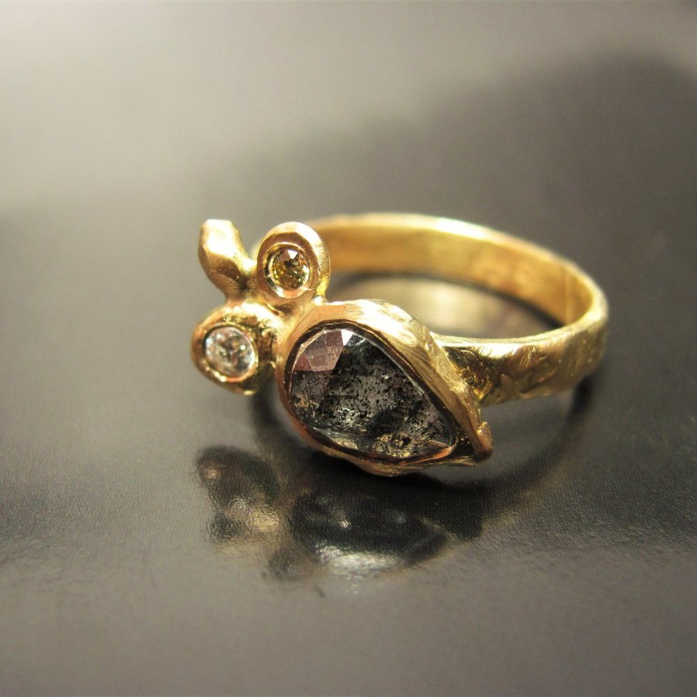 Pear Gray Diamond 14K Yellow Gold Engagement Ring, Handmade